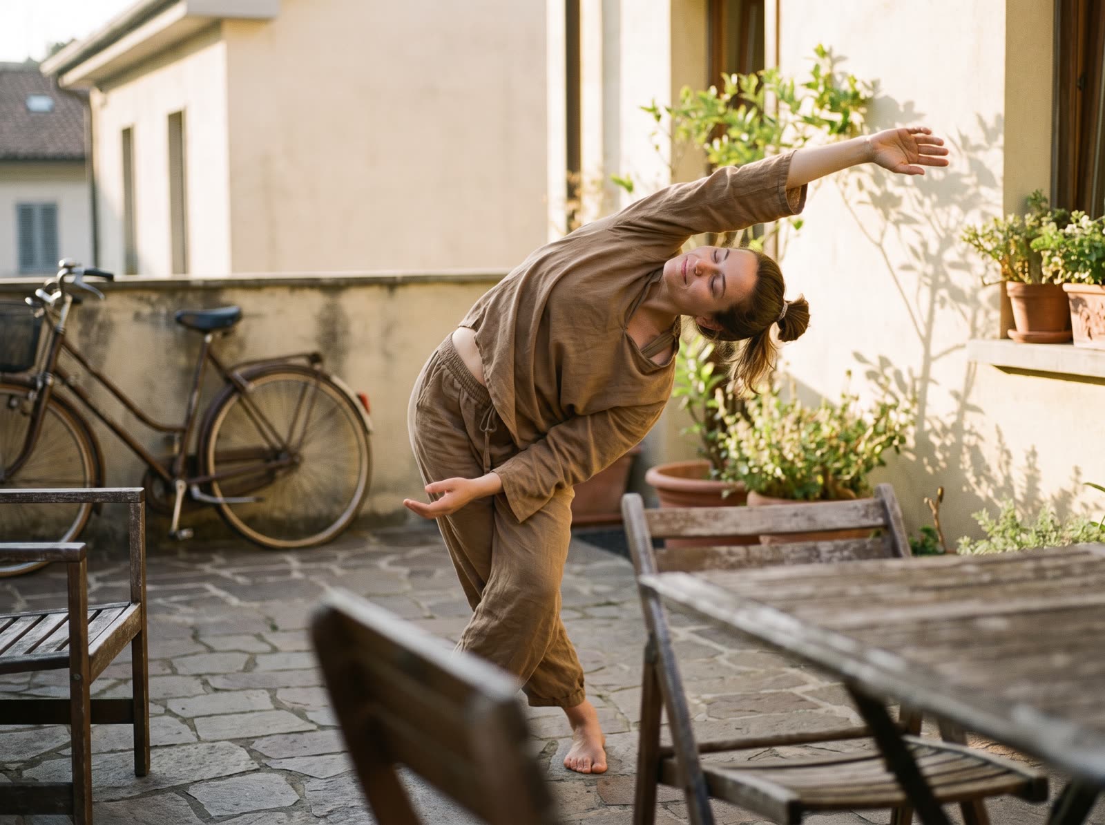Person stretching calmly outdoors